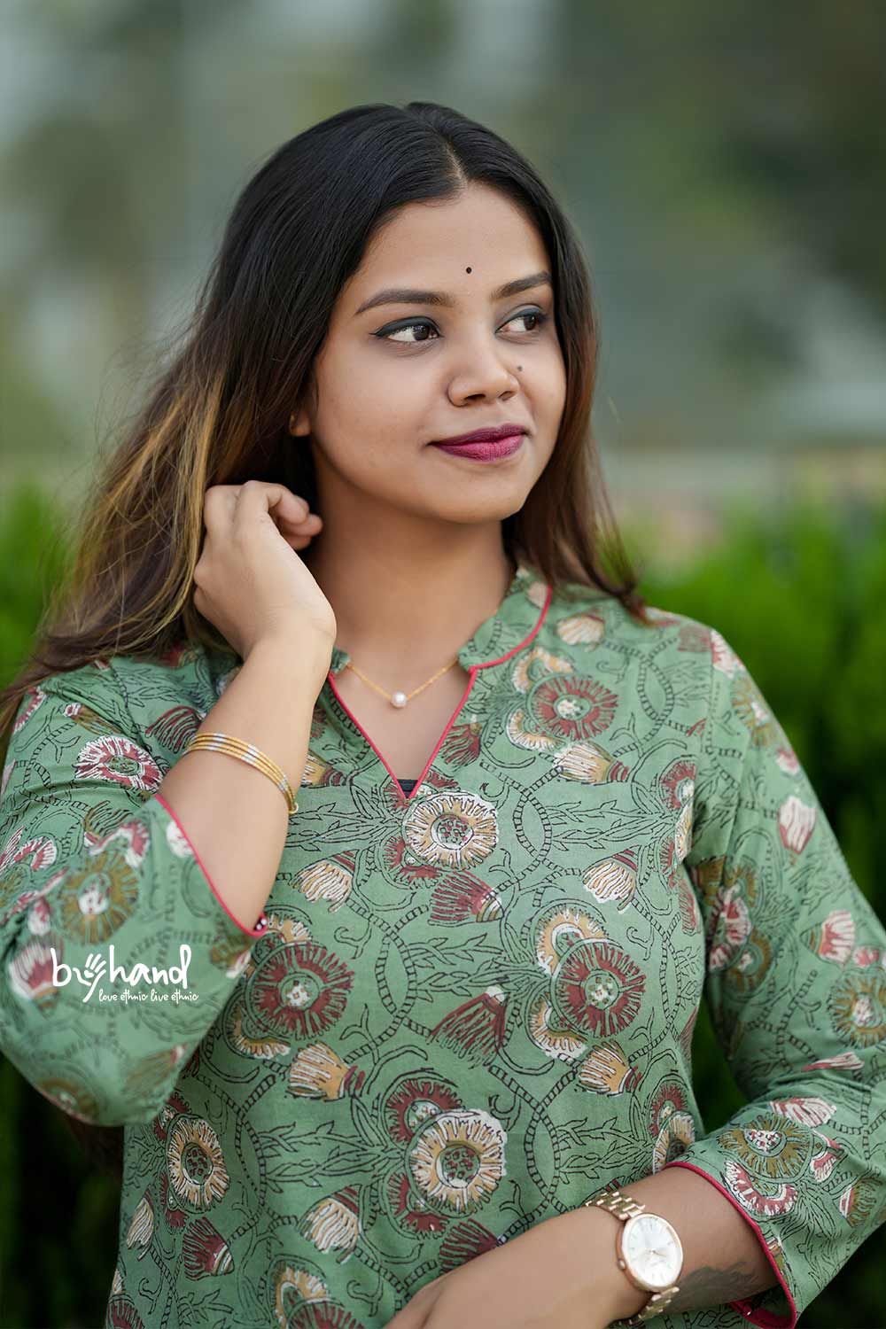 Green Base Red White Floral aline Kurti