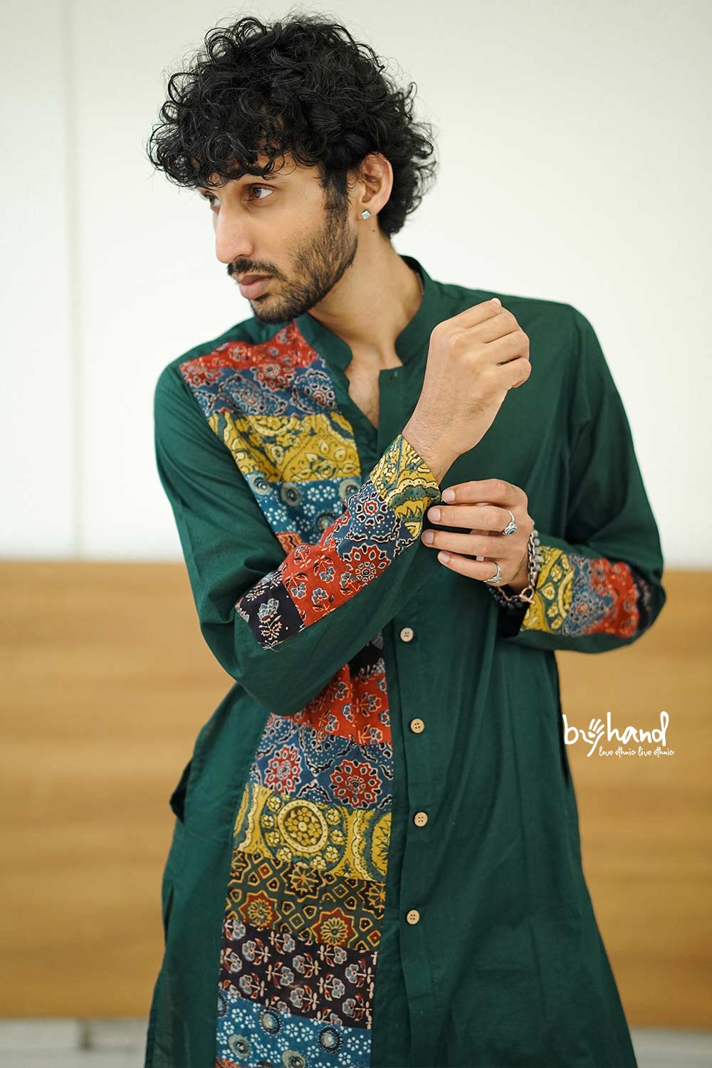 Mul Green Long Kurta with Patch One Side