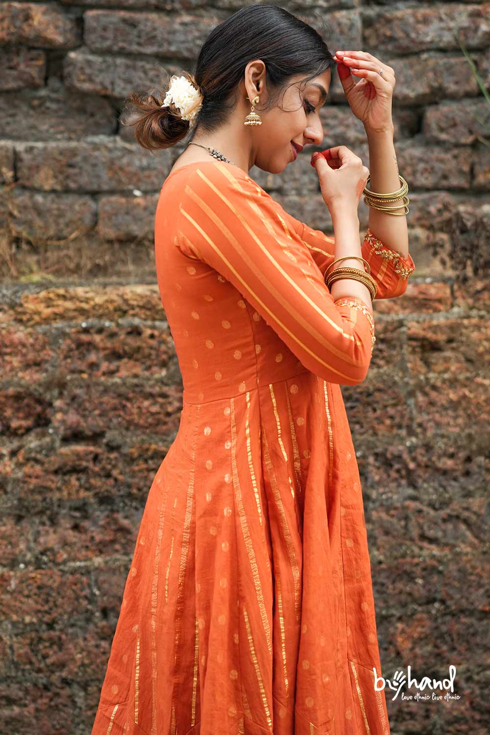 Red & Orange Base Anarkali With Dots&Strips