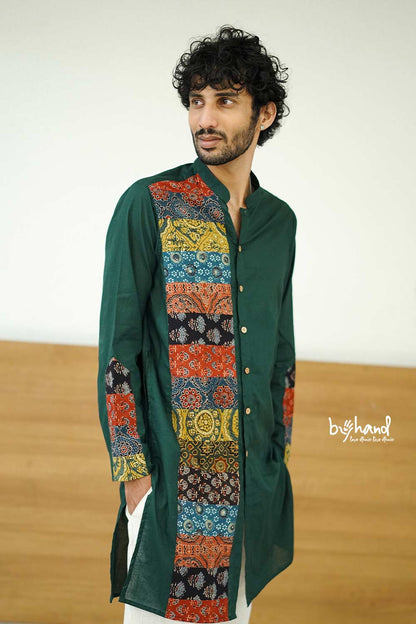 Mul Green Long Kurta with Patch One Side