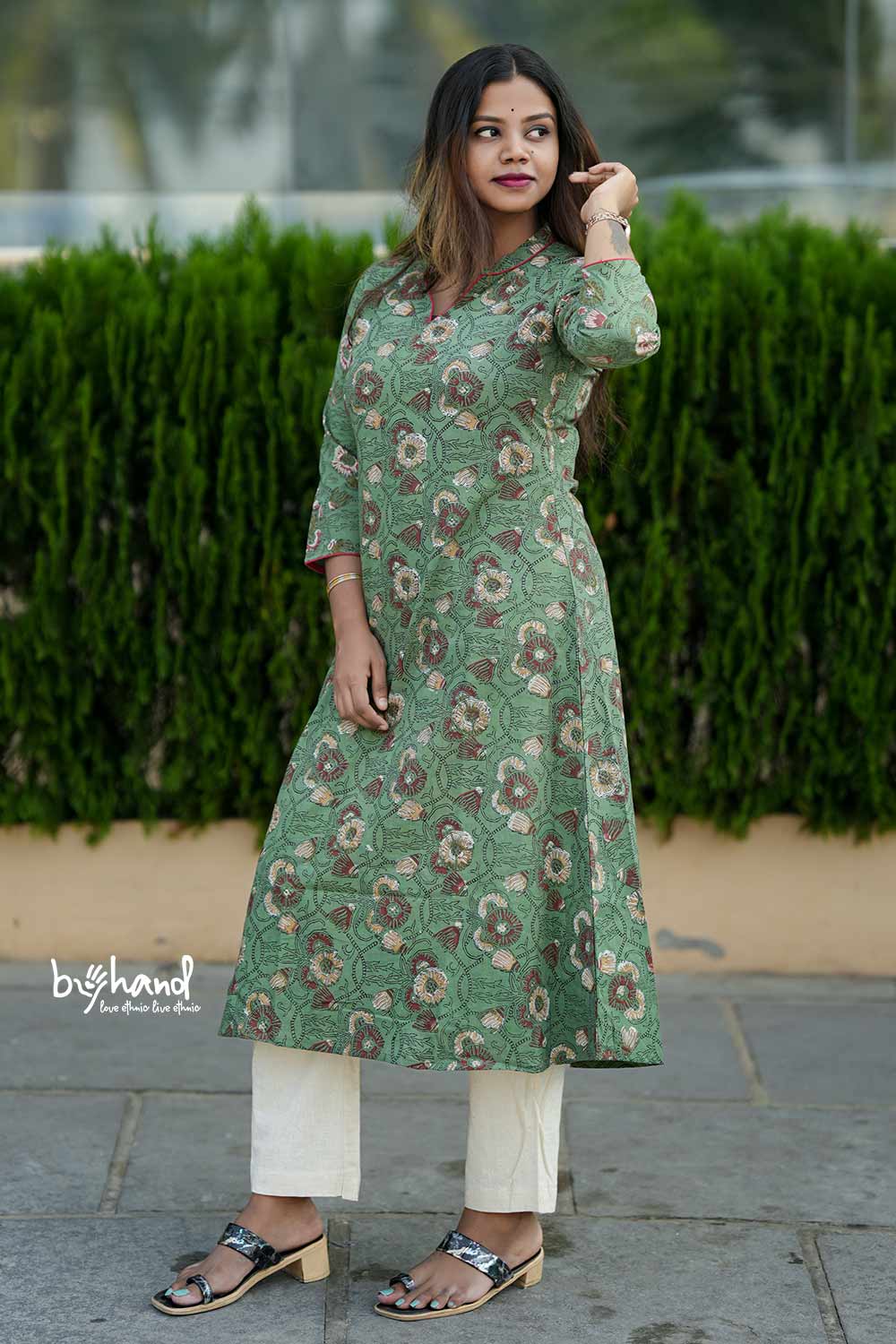 Green Base Red White Floral aline Kurti