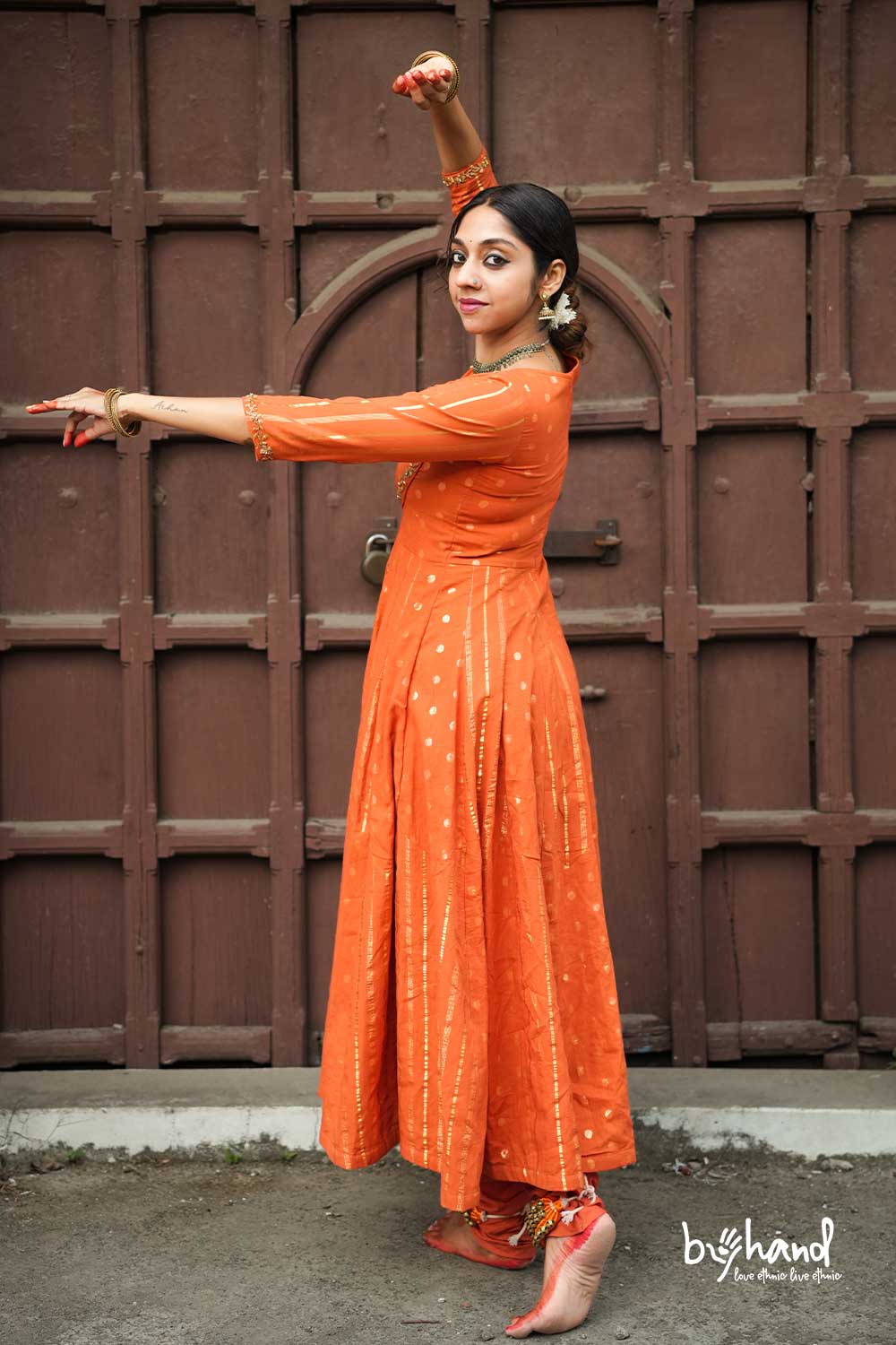 Red & Orange Base Anarkali With Dots&Strips