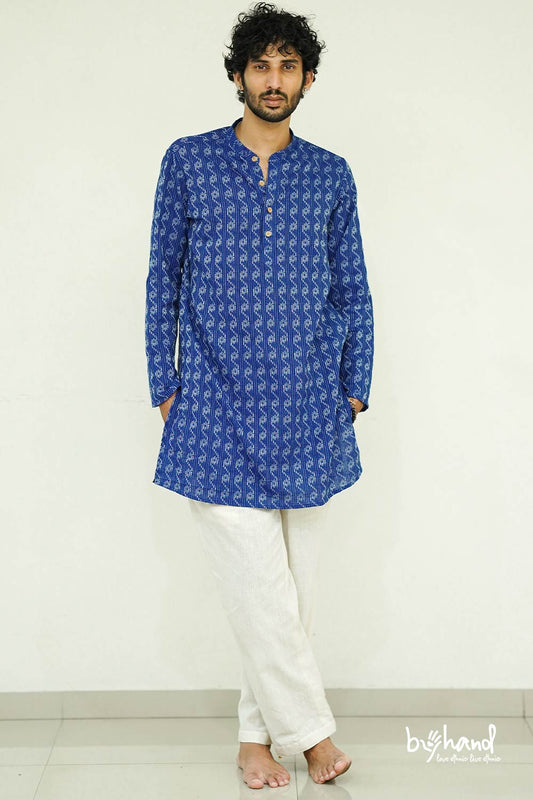 Kantha Royal Blue Mens Long Kurta