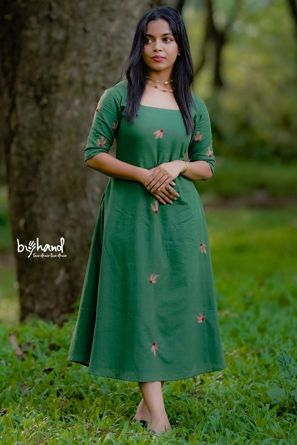 Handloom Green Aline Embroidery Aline Dress