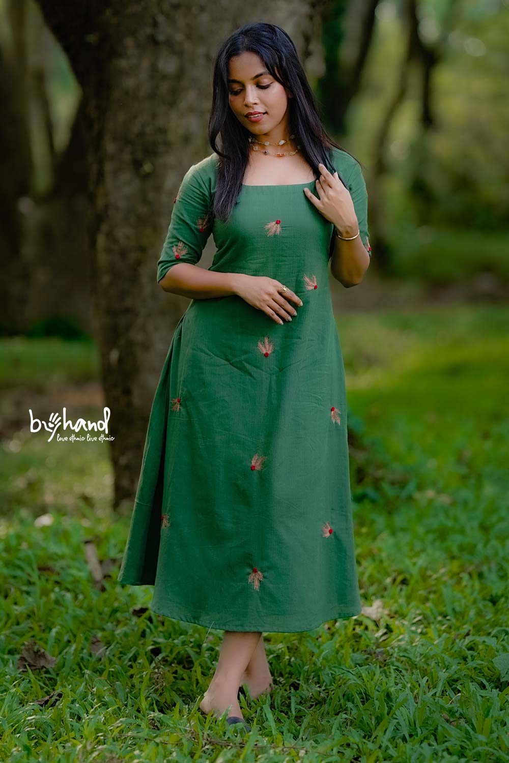 Handloom Green Aline Embroidery Aline Dress