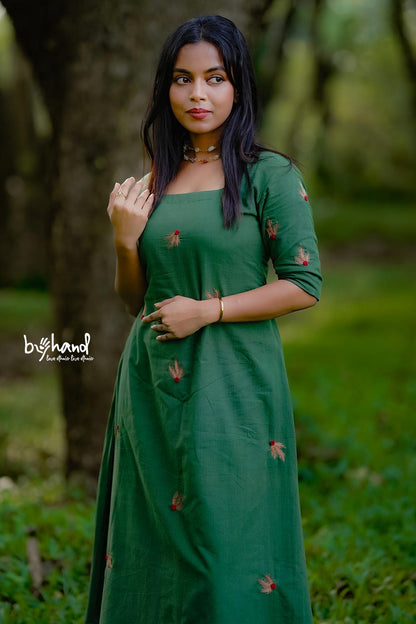 Handloom Green Aline Embroidery Aline Dress