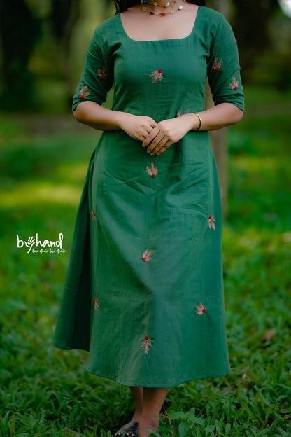 Handloom Green Aline Embroidery Aline Dress