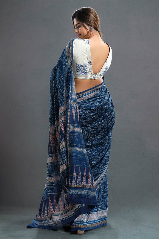 Indigo Red Floral Print Saree