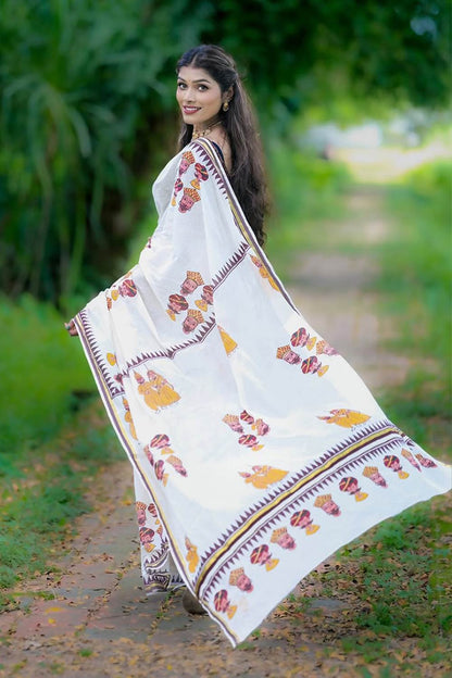 Offwhite Set Saree with Brown Border & Kathputhli Block Print