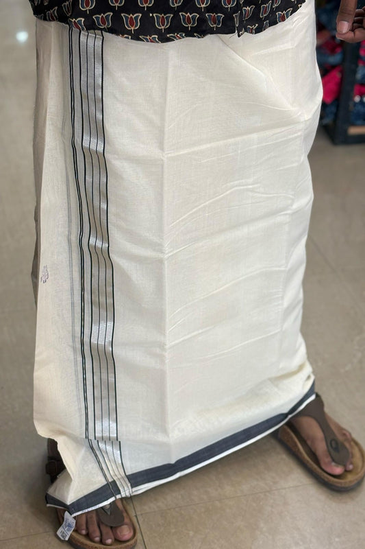 Silver & Black Border Mundu