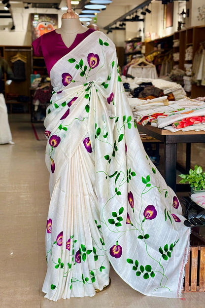 Pure Mulbery Silk Saree Hand Painted Shangupushpam