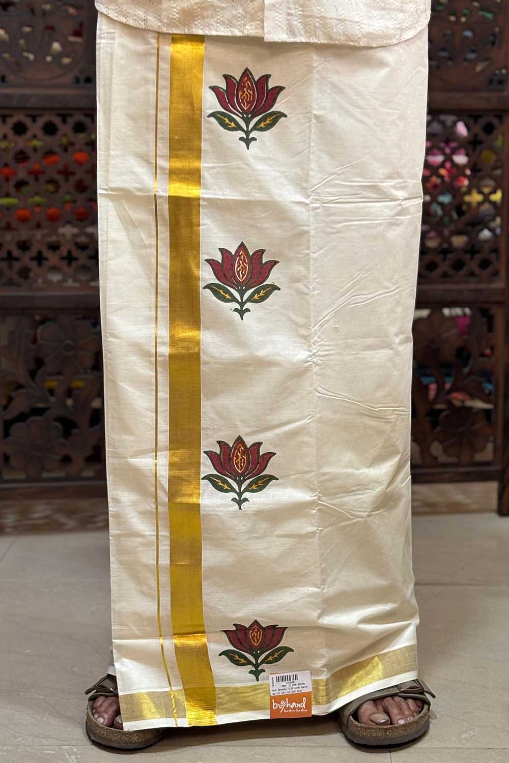 Offwhite Dhothi with Handblock Lotus Print