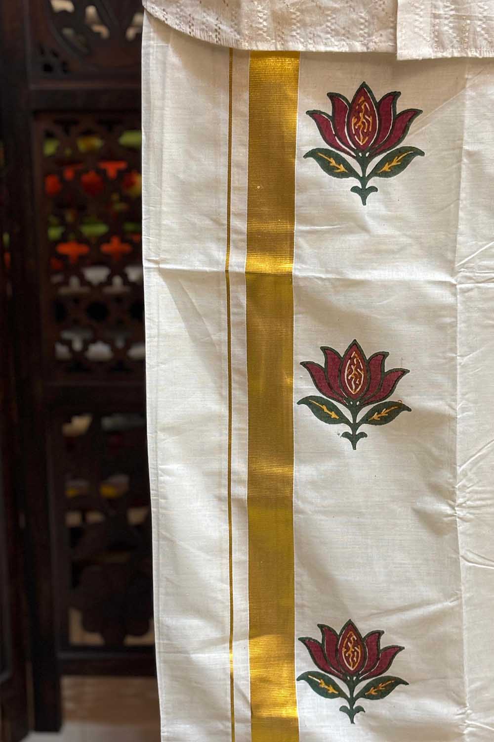 Offwhite Dhothi with Handblock Lotus Print