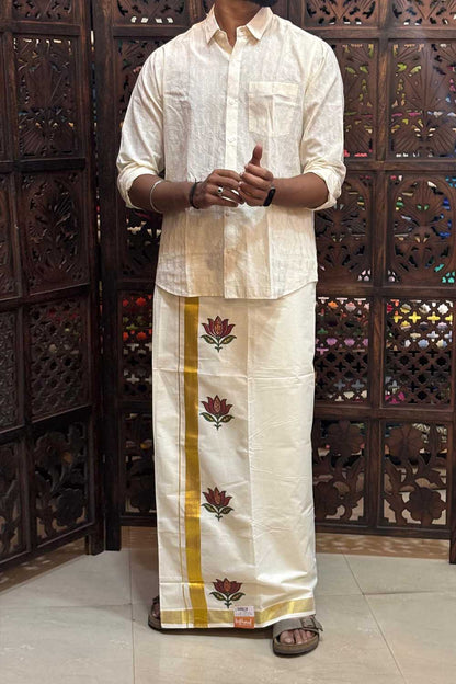 Offwhite Dhothi with Handblock Lotus Print
