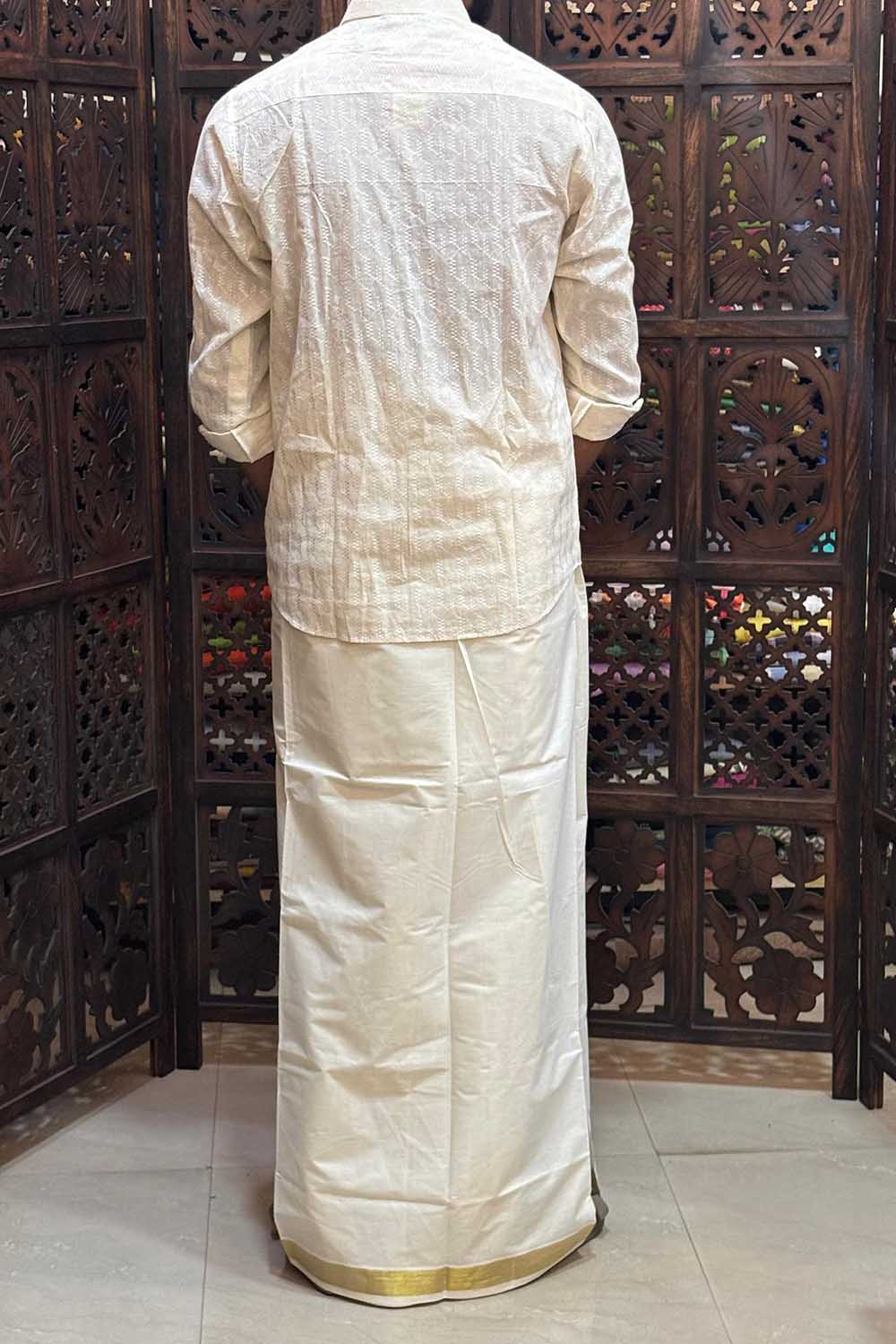 Offwhite Dhothi with Handblock Lotus Print