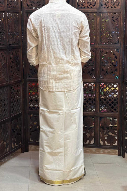 Offwhite Dhothi with Handblock Lotus Print