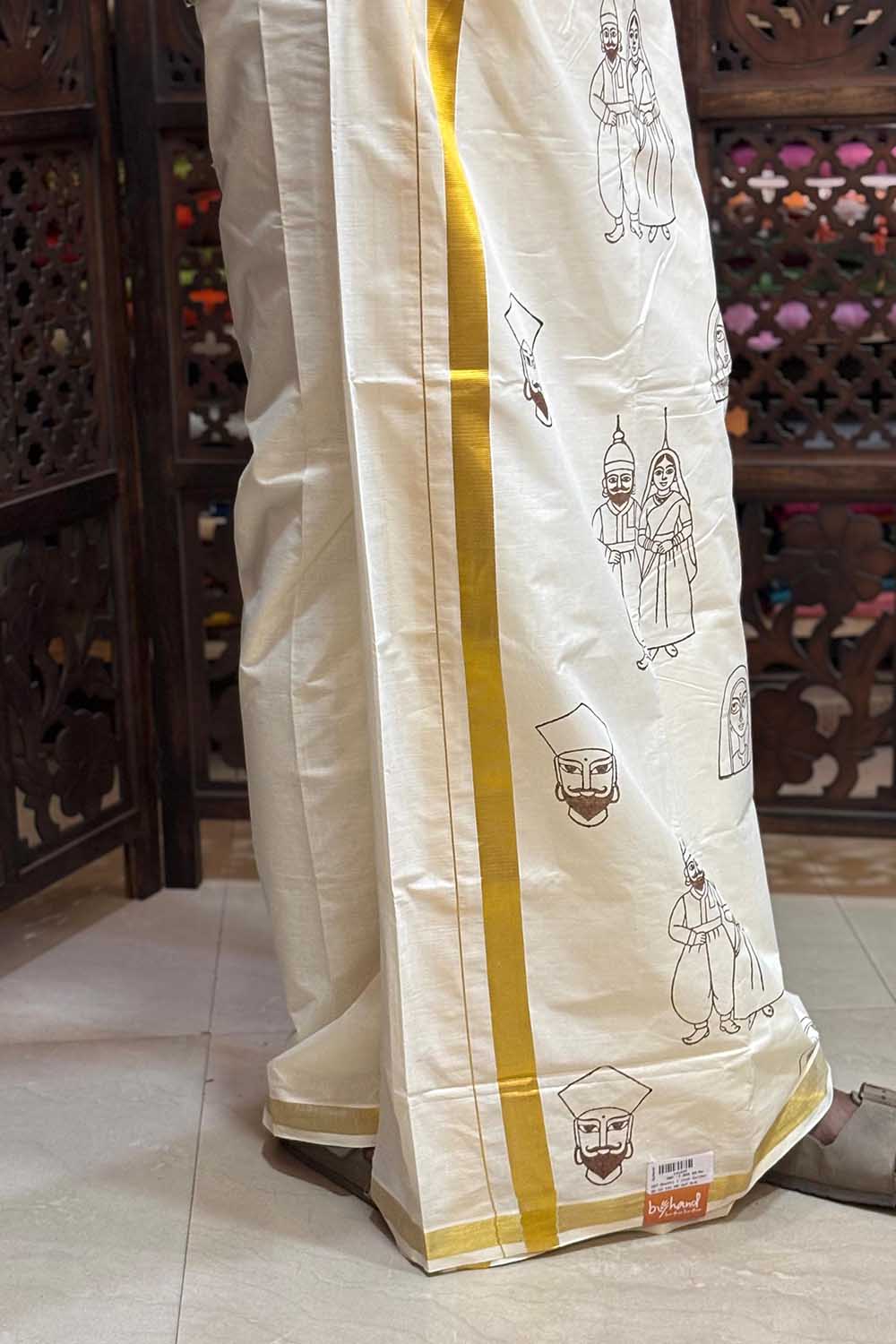 Offwhite Dhothi with Kathputli Handblock Print