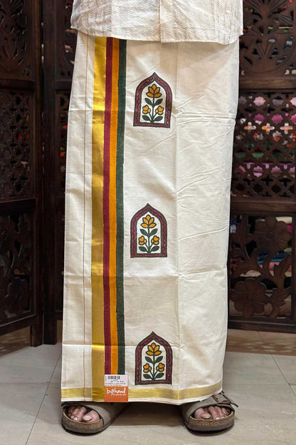 Offwhite Dhothi with Flower Window Block Print