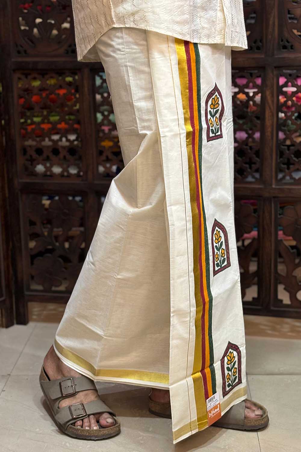 Offwhite Dhothi with Flower Window Block Print