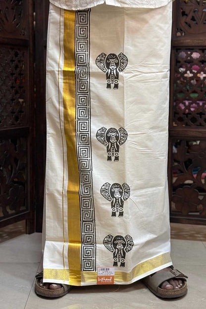 Offwhite Dhothi with Elephant Handblock Print