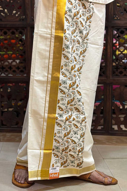 Offwhite Dhothi with Leaf Blockprint