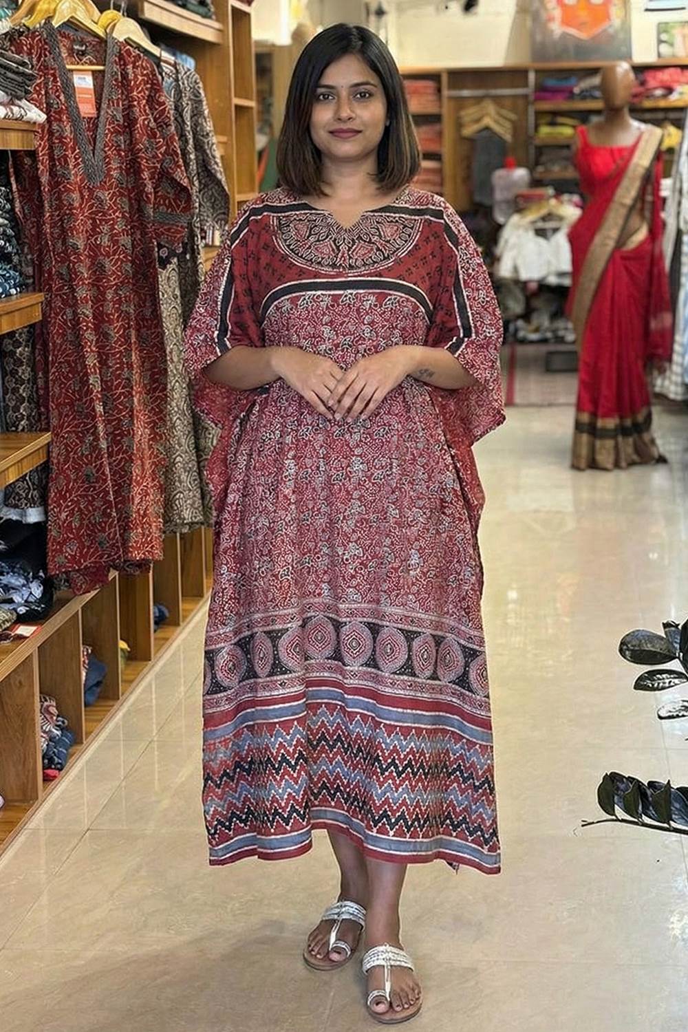 Red Base Ajrakh Floral Kaftan