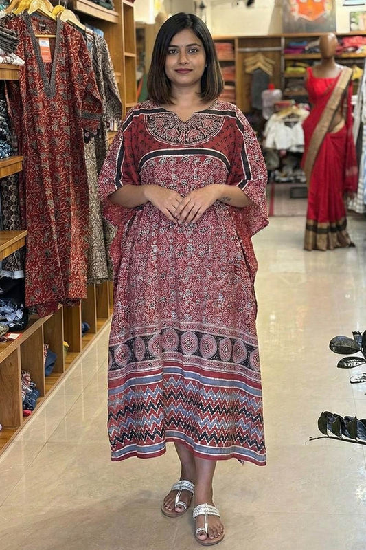 Red Base Ajrakh Floral Kaftan