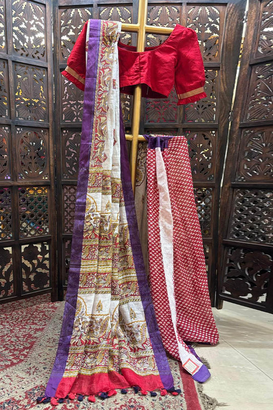 Peacock Print Linen Saree