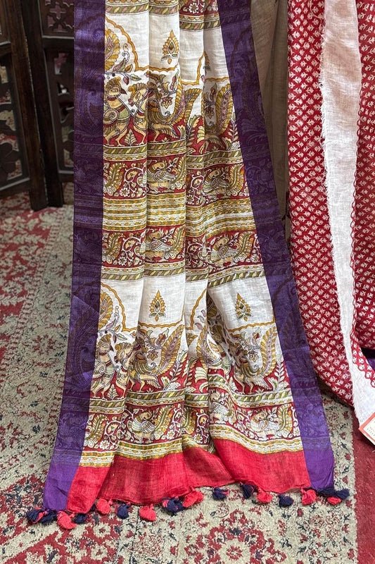 Peacock Print Linen Saree