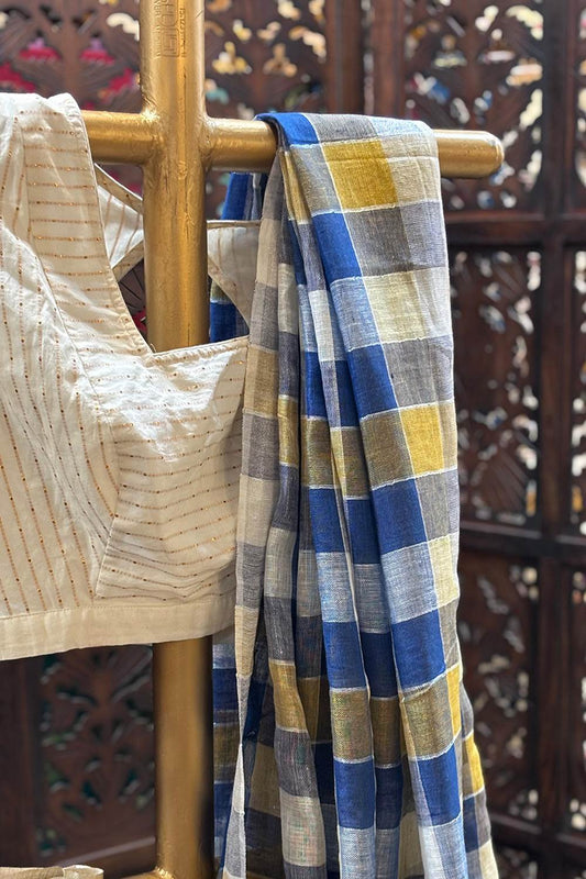 Linen Checks Saree with Gloden Border