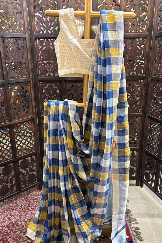 Linen Checks Saree with Gloden Border