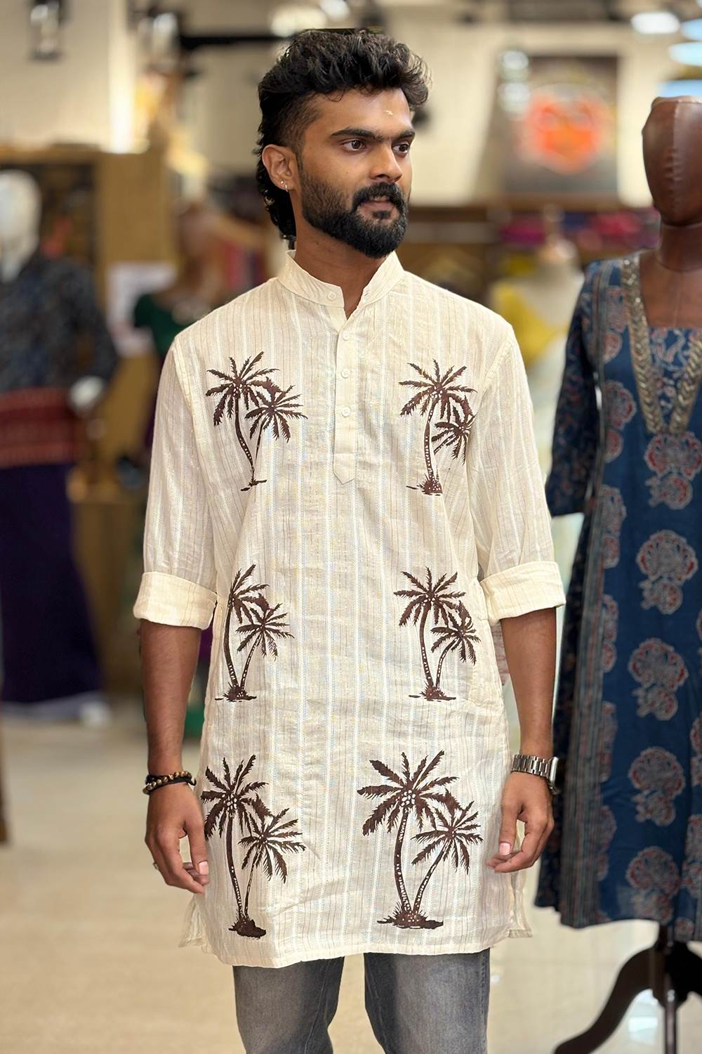 Offwhite Coconut Tree Hand Block Print Kurtha