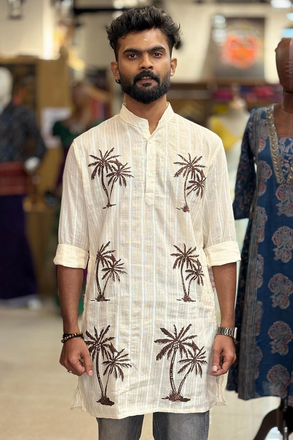 Offwhite Coconut Tree Hand Block Print Kurtha