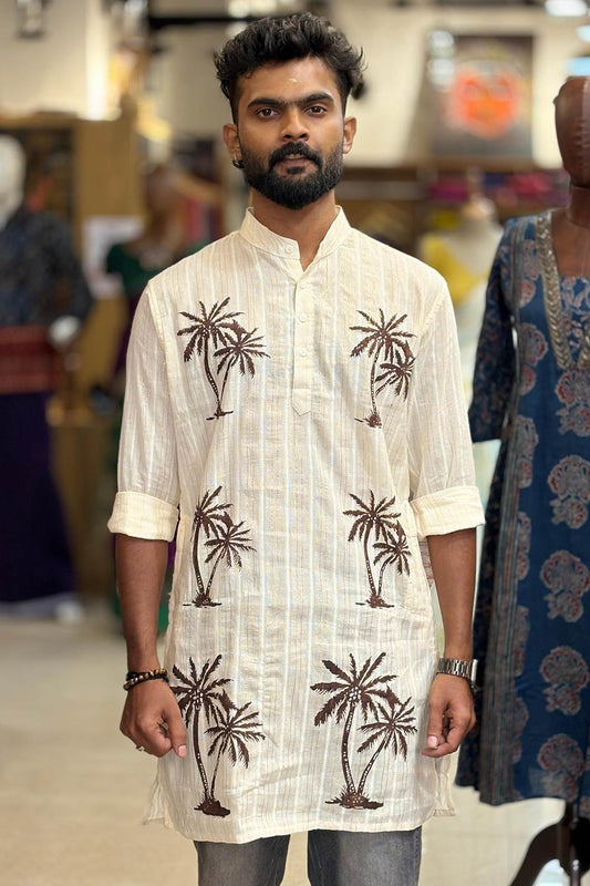 Offwhite Coconut Tree Hand Block Print Kurtha
