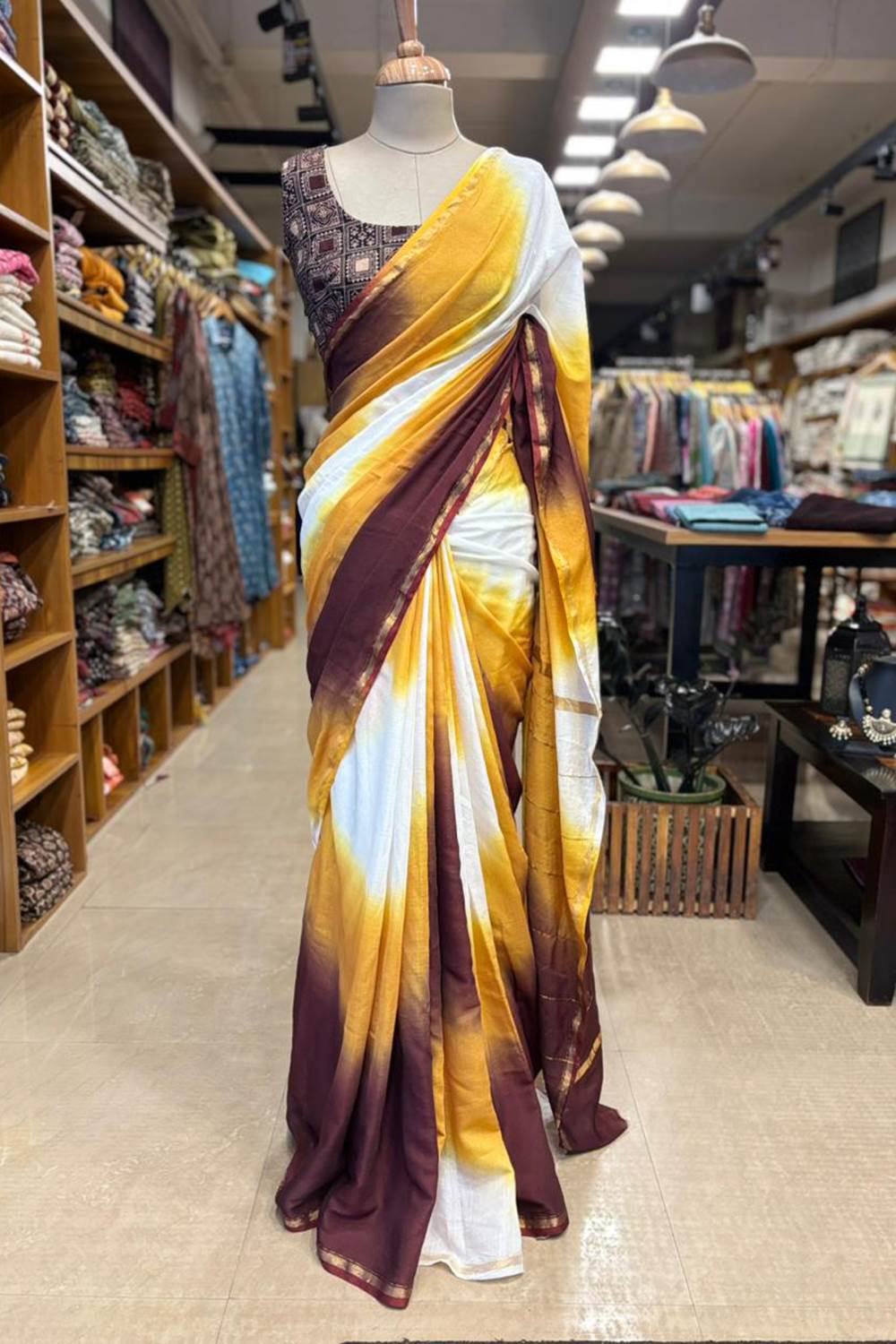 Dyed Yellow & Maroon Chanderi saree