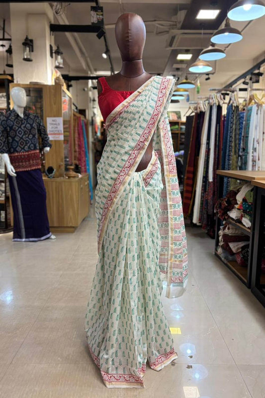 Offwhite Chanderi Saree with Blue Floral Motif