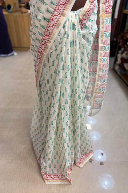 Offwhite Chanderi Saree with Blue Floral Motif
