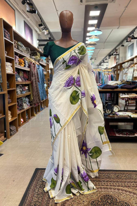 Kerala Saree with Golden Border & Handpainted Blue Water Lily