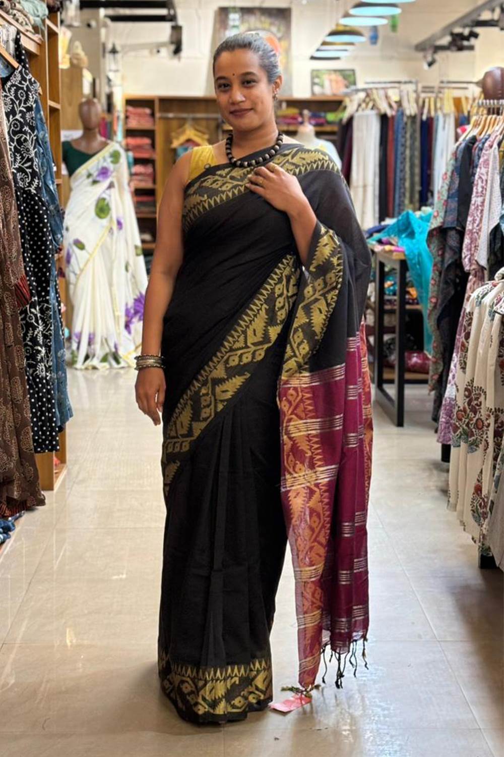 Black Cotton Saree with Jamdani Border