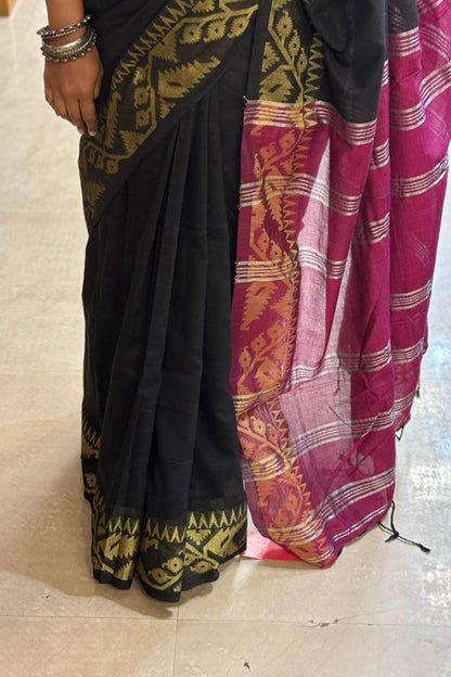 Black Cotton Saree with Jamdani Border