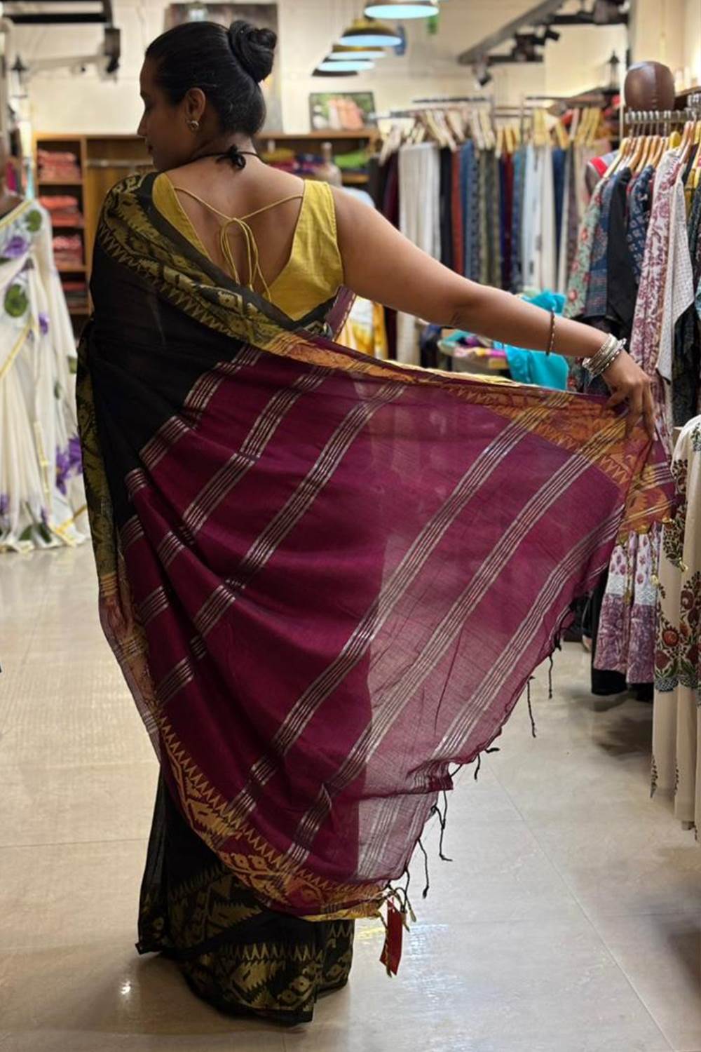 Black Cotton Saree with Jamdani Border