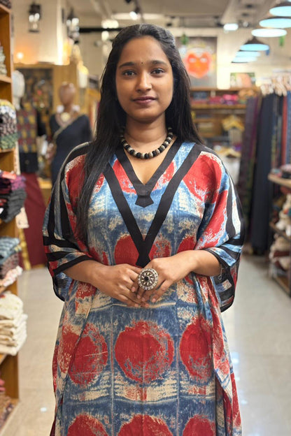 Ajrakh Modal Silk Blue base Red Kaftan