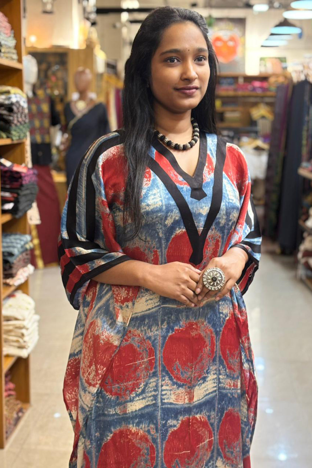 Ajrakh Modal Silk Blue base Red Kaftan