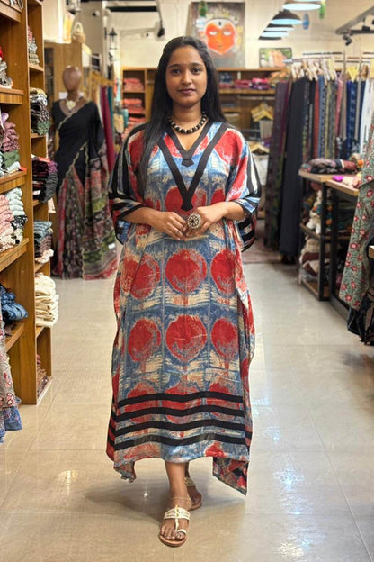 Ajrakh Modal Silk Blue base Red Kaftan