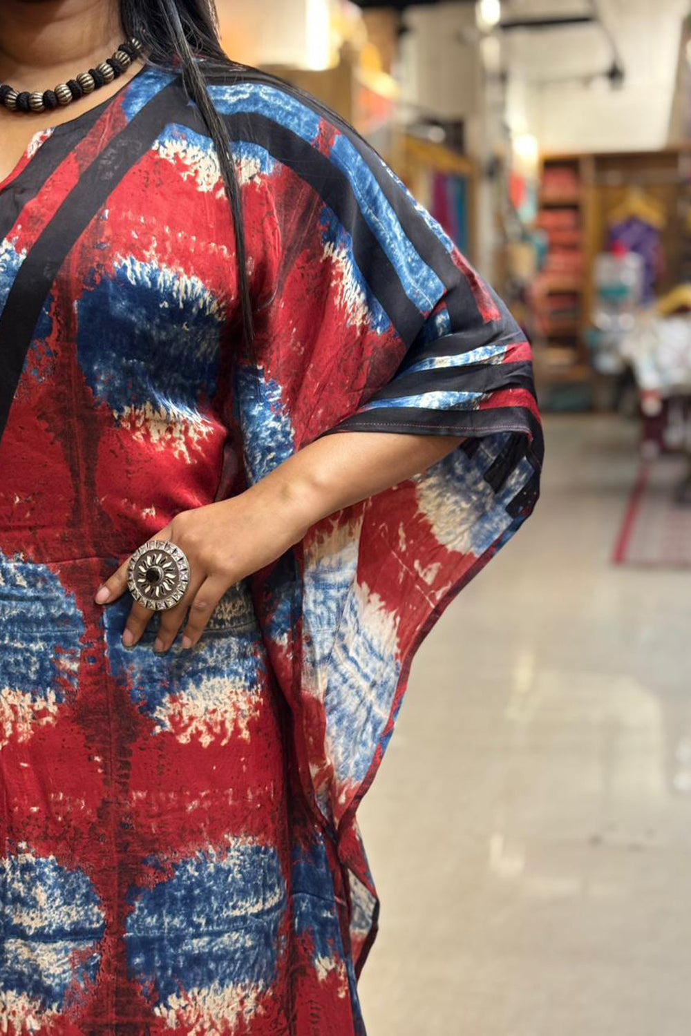 Red & Blue Modal Silk Designer Kaftan