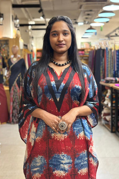 Red & Blue Modal Silk Designer Kaftan