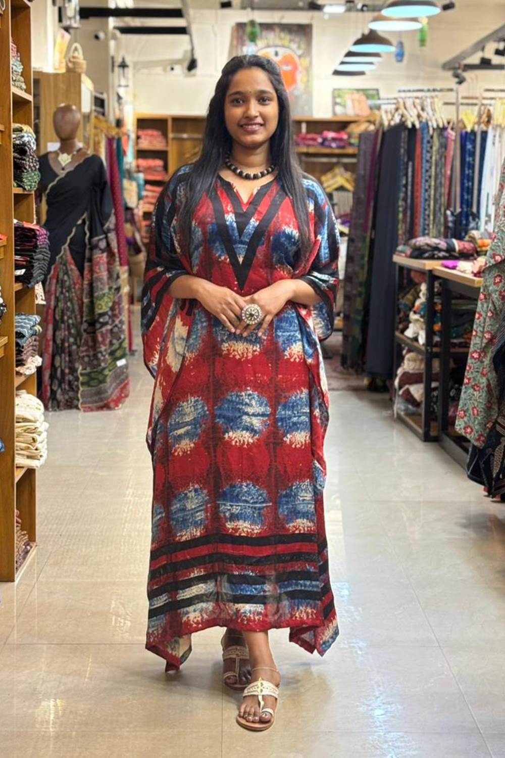 Red & Blue Modal Silk Designer Kaftan