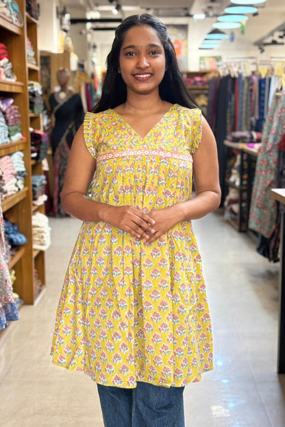 Yellow Sanganeri Short Top