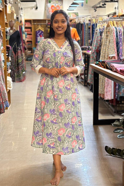 Pastal Green Sanganeri Print A Line Kurti
