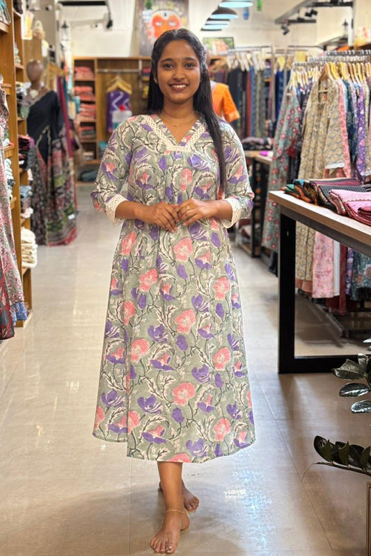 Pastal Green Sanganeri Print A Line Kurti